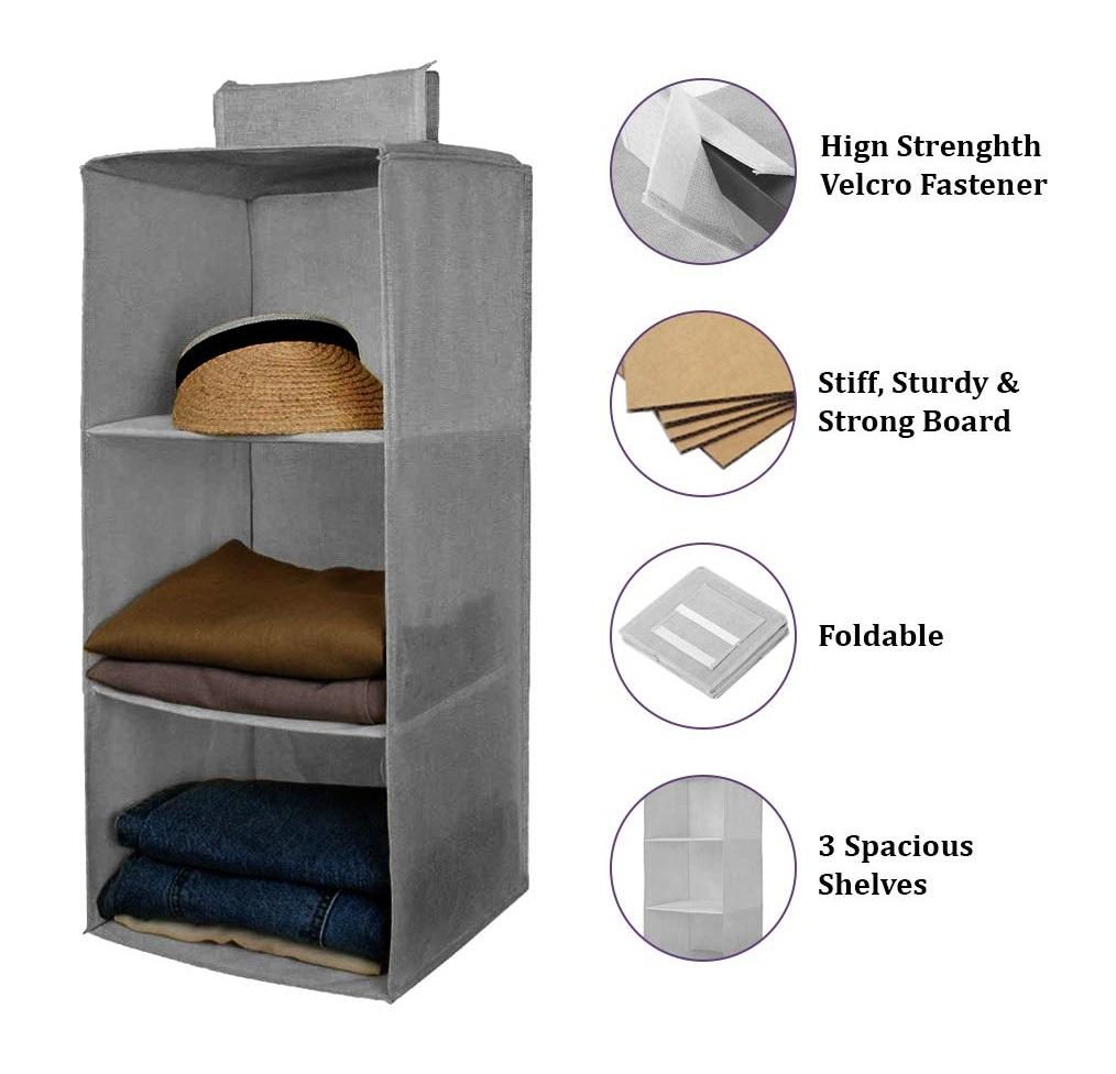 Hanging Wardrobe Organizer with 3 Shelves – Space-Saving Non-Woven Storage