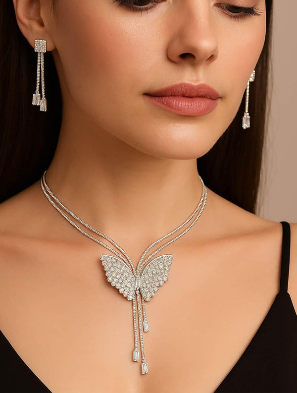 Elegant Butterfly Pendant Necklace With Earings – Dainty Sparkling Charm for Women